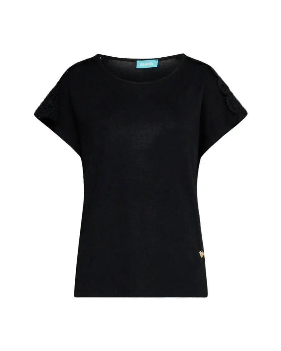T-shirt kimono in jersey di viscosa elasticizzata con pizzo sulle spalle BLACK