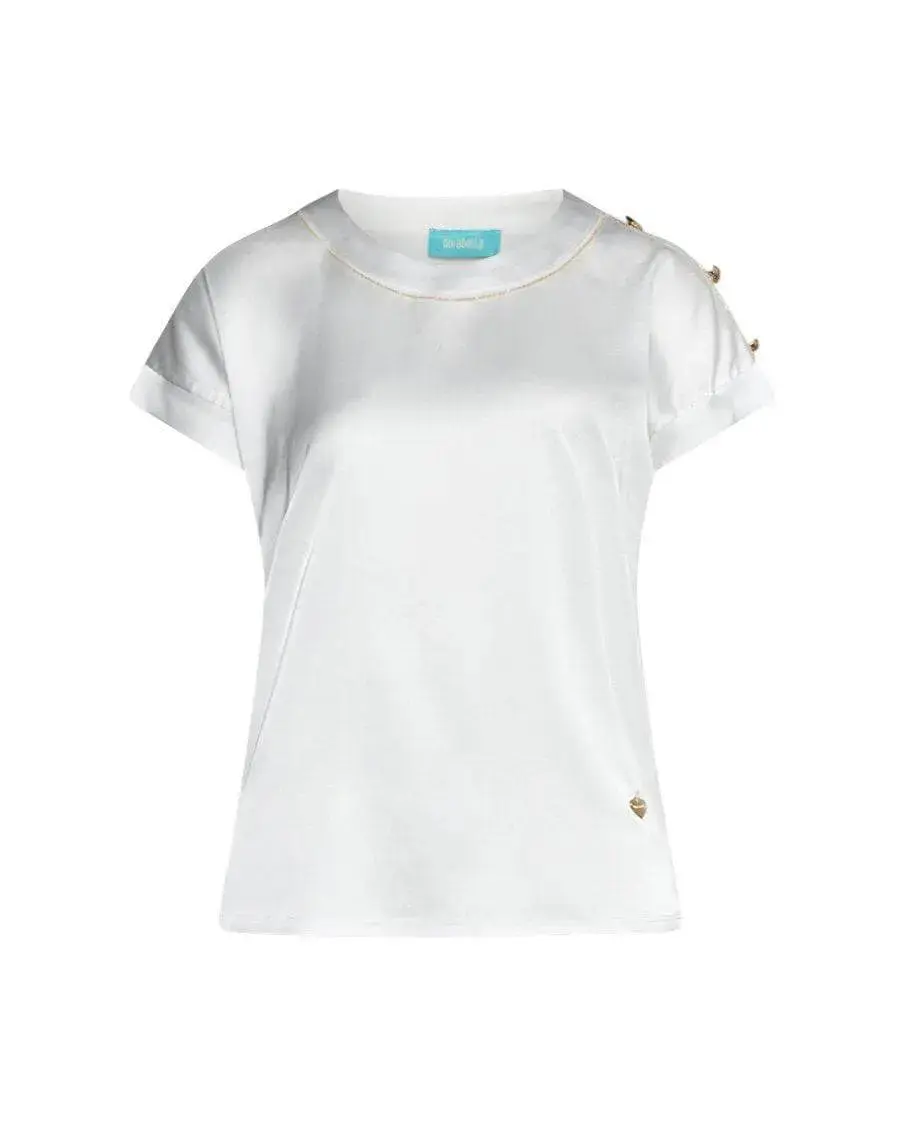 T-shirt combinata in raso e in jersey con micro catena e bottoni BIANCO