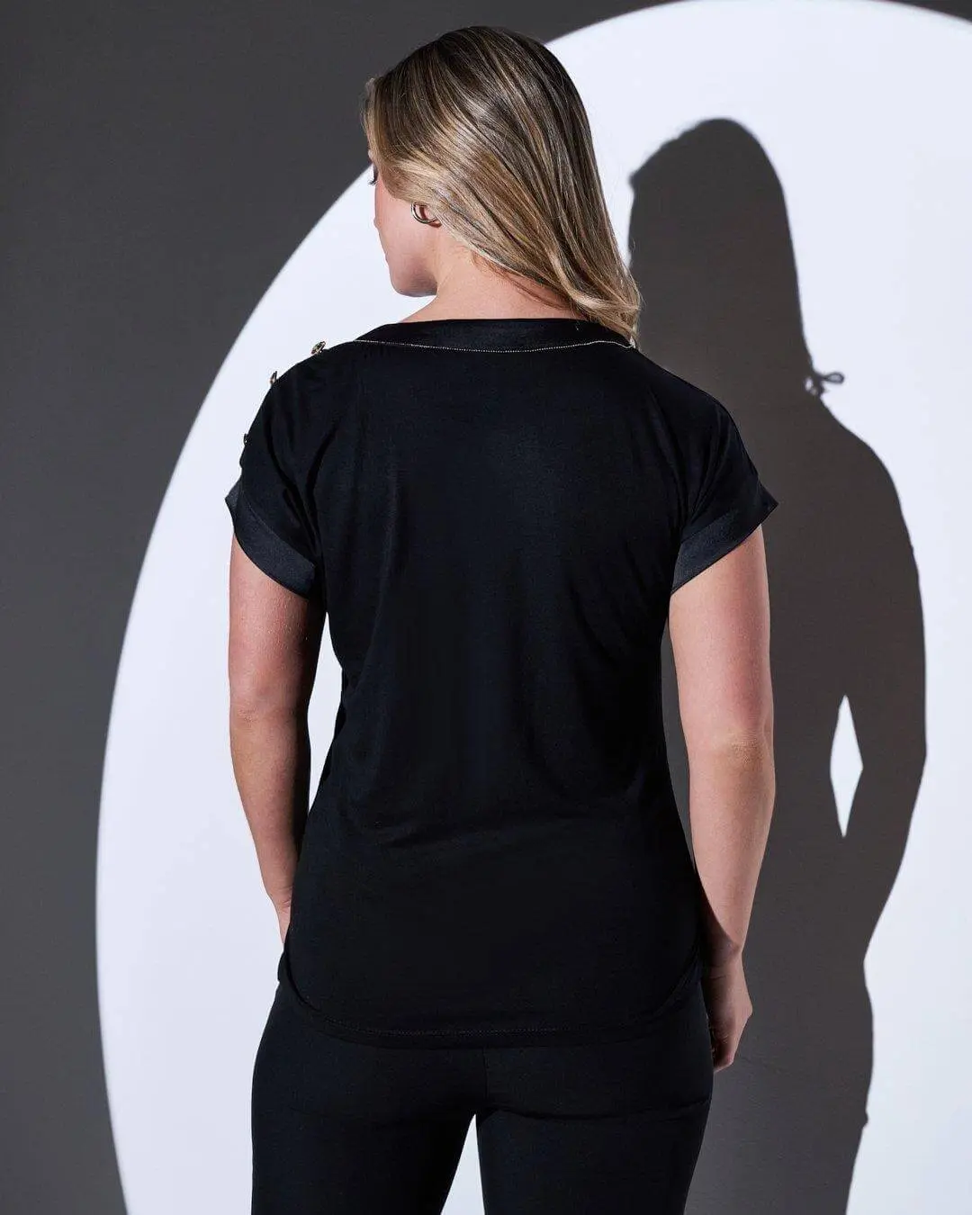 T-shirt combinata in raso e in jersey con micro catena e bottoni BLACK - Image 5