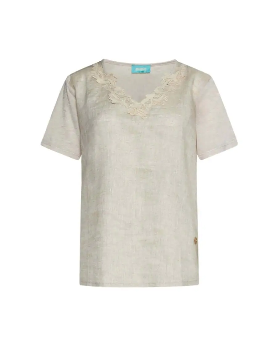 T-shirt combinata in lino e jersey melange con pizzo macramé sullo scollo a V NATURALE - Image 2