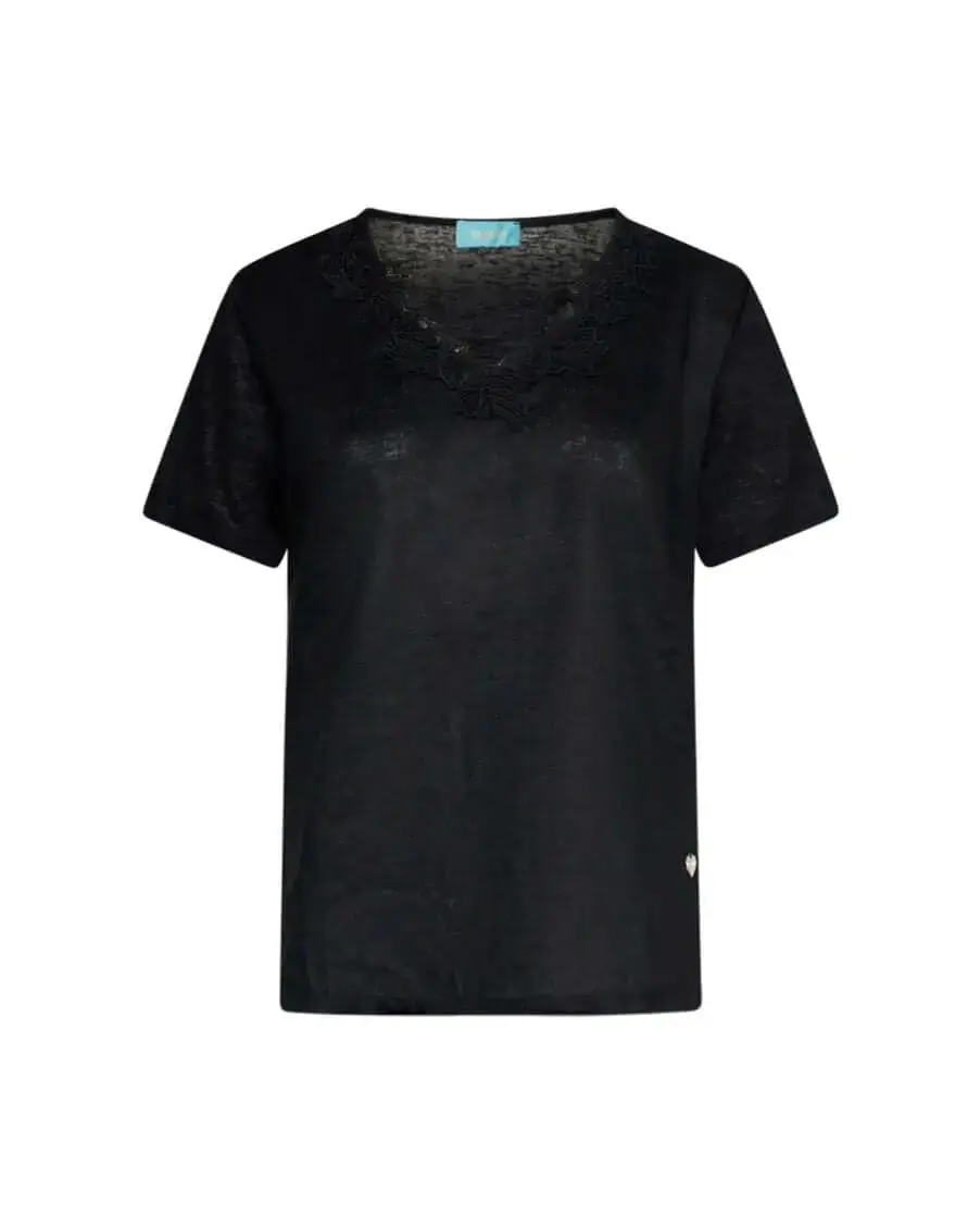 T-shirt combinata in lino e jersey melange con pizzo macramé sullo scollo a V BLACK