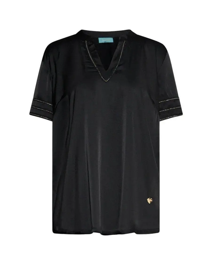 T-shirt combinata modello kaftano in raso e in jersey con dettaglio micro catena BLACK