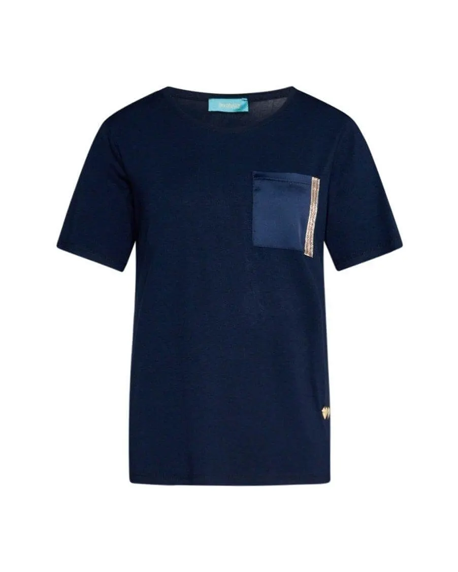T-shirt girocollo in jersey di viscosa elasticizzata con taschino in raso con micro catene BLU - Image 2