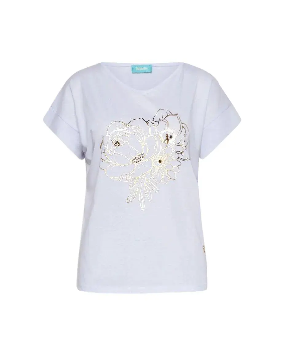 T-shirt scollo a V in jersey di cotone e viscosa con stampa in lamina e cristalli BIANCO
