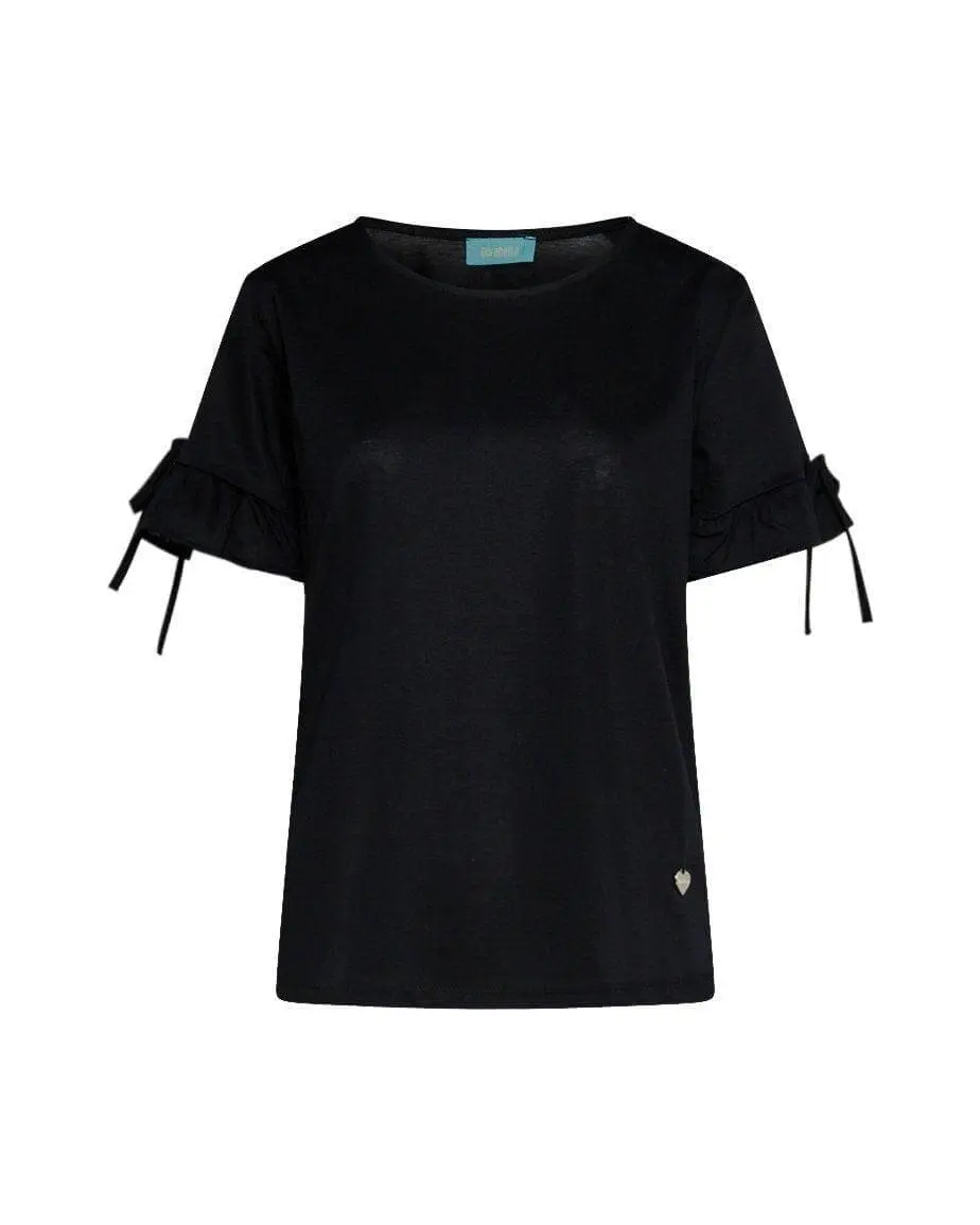 T-shirt girocollo in jersey di cotone e viscosa con fiocchi e rouches al fondo manica BLACK - Image 2