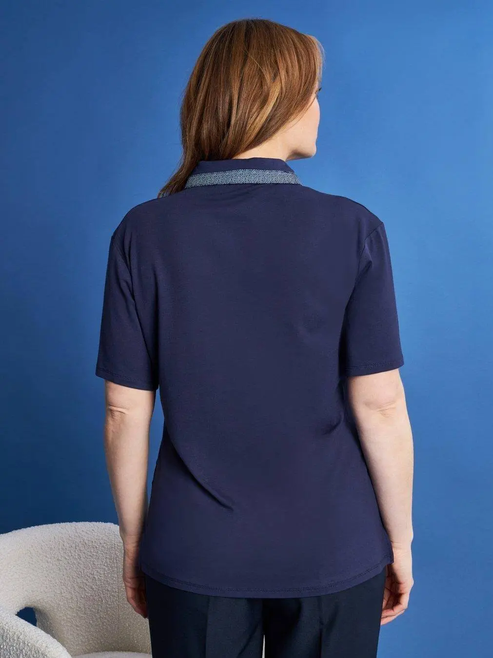 Polo in jersey di viscosa elasticizzata con inserti stampa pois BLU - Image 6