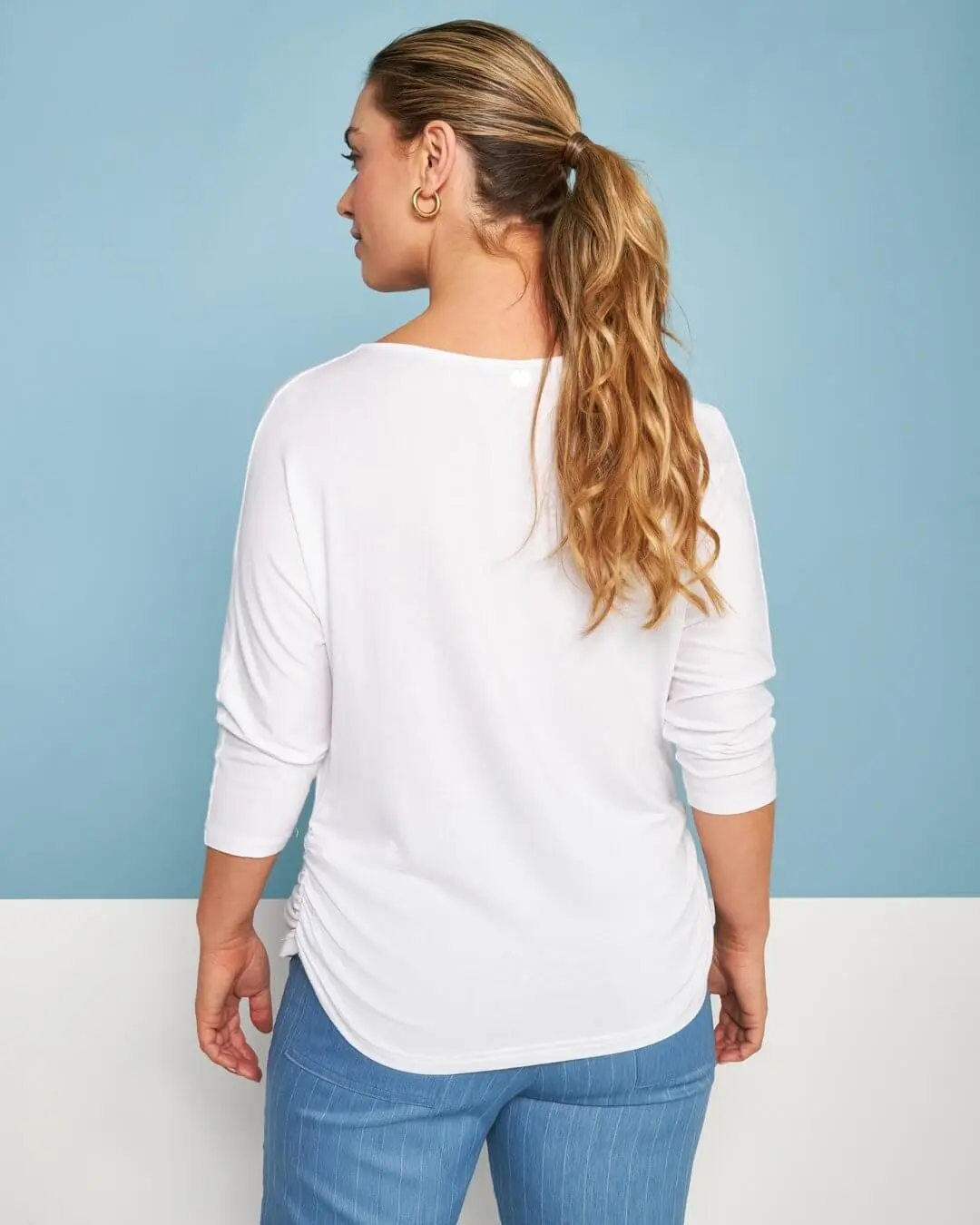 Maglia in jersey di viscosa elasticizzata con scollo ad anello ed arricciature BIANCO - Image 3