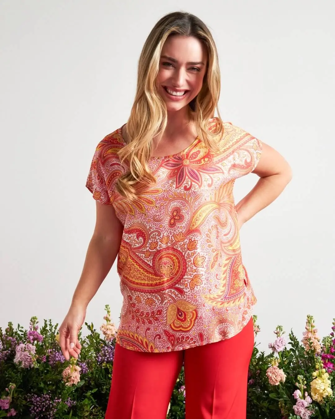 Casacca a maniche corte in raso con fantasia cashmere PAPAVERO