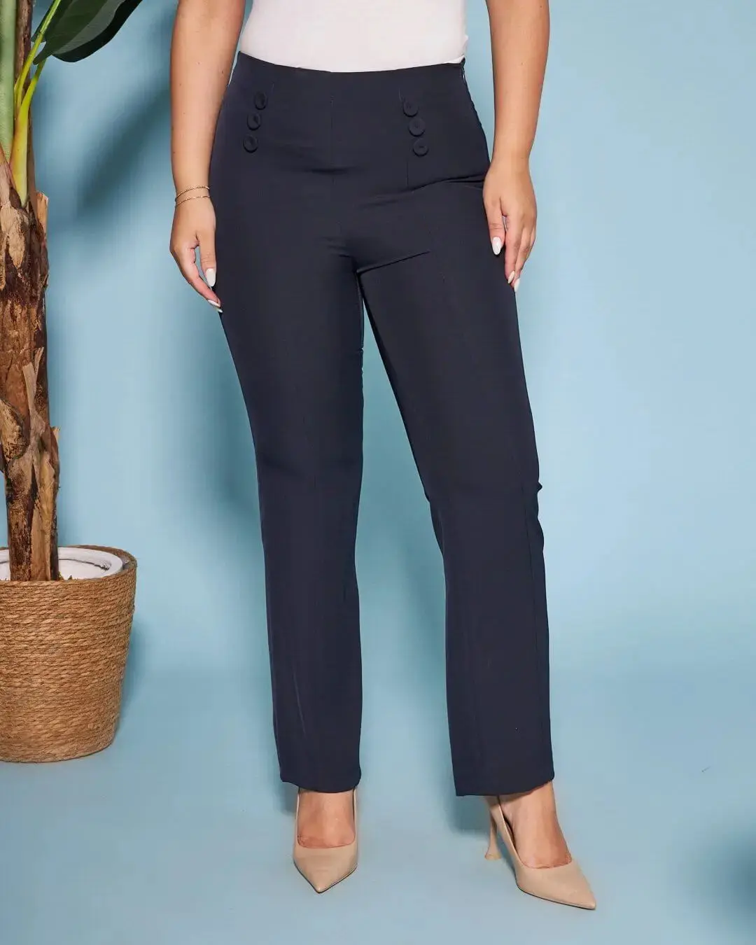 Pantalone a sigaretta in cady elasticizzato con bottoni in tinta - Image 11
