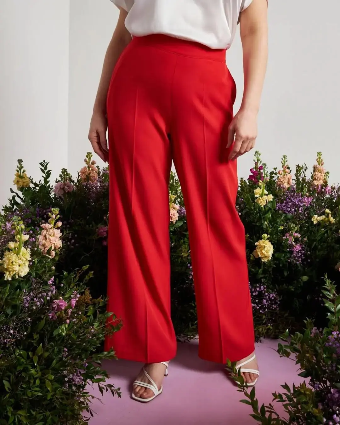 Pantalone a gamba larga in cady elasticizzato tinta unita. PAPAVERO - Image 2