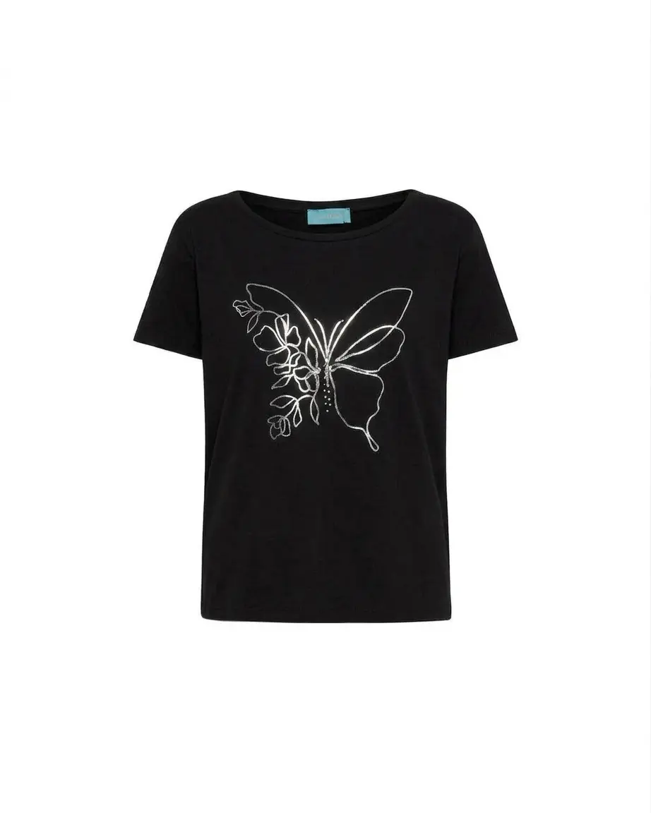T-shirt mezza manica in jersey di cotone elasticizzato con stampa farfalla in lamina - Image 2