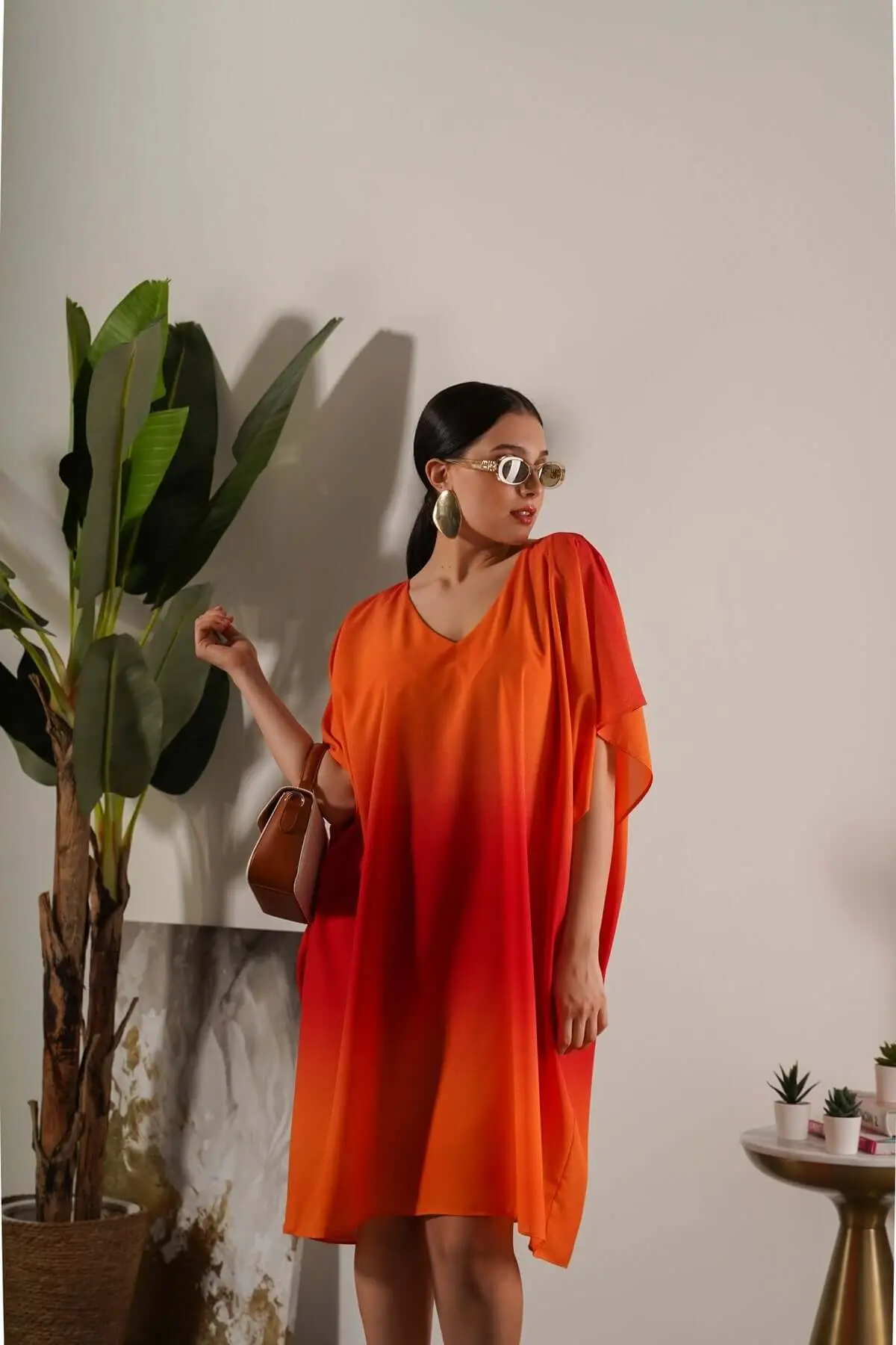 Abito effetto degradé con manica kimono e scollo a V ARANCIO - Image 3