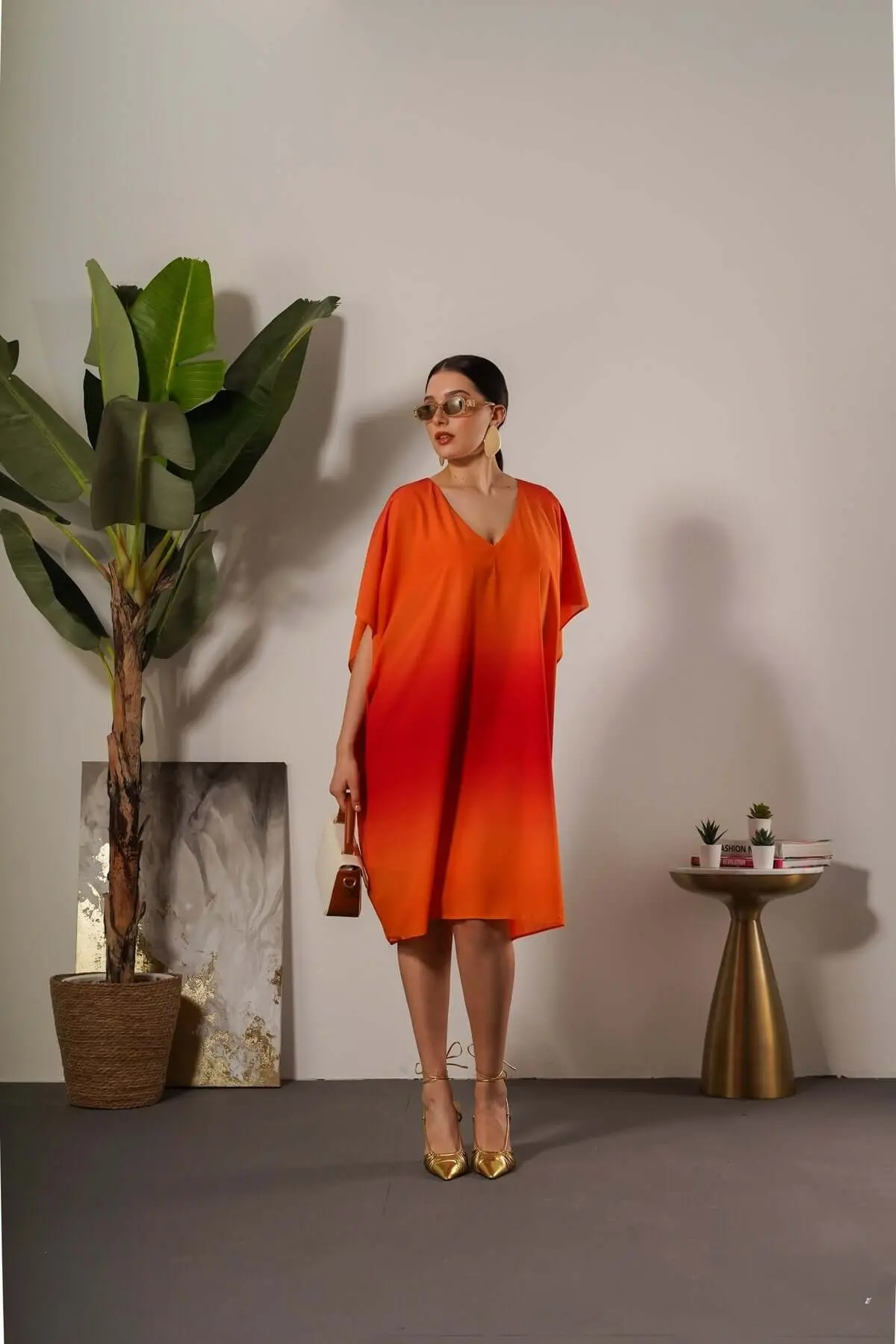 Abito effetto degradé con manica kimono e scollo a V ARANCIO - Image 5