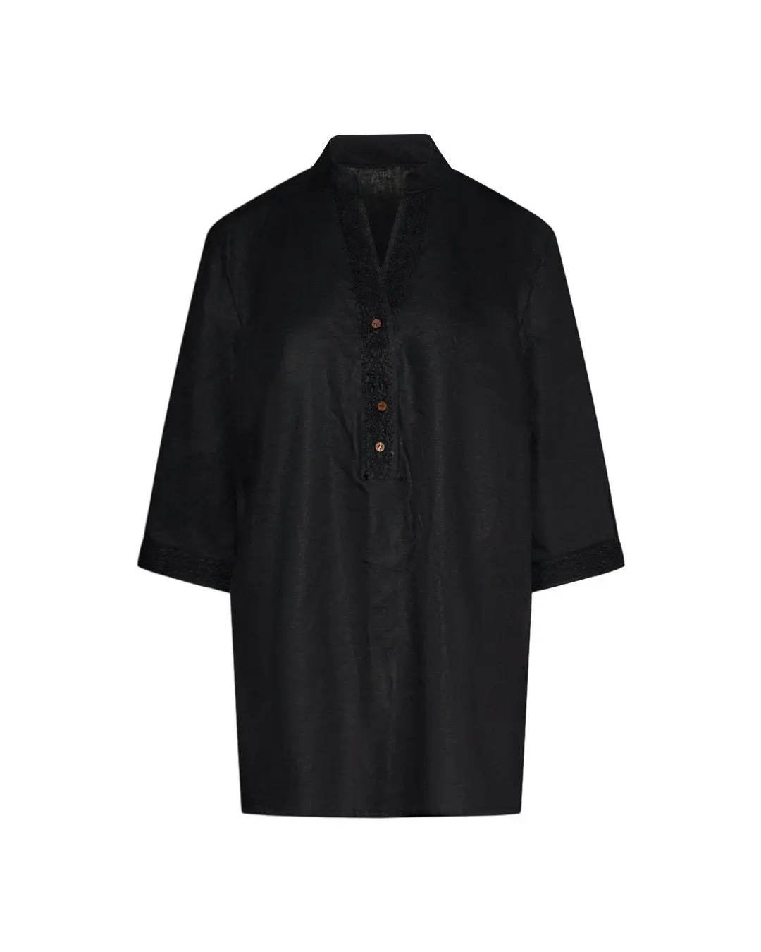 Blusa coreana in misto lino/viscosa con passamaneria NERO