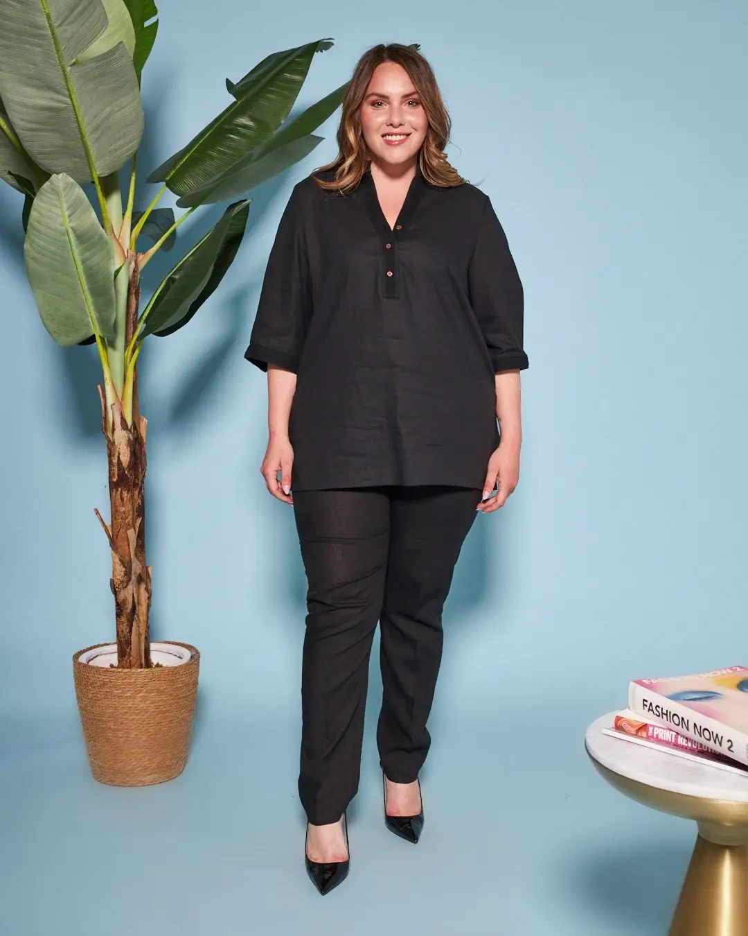 Blusa coreana in misto lino/viscosa con passamaneria NERO - Image 2