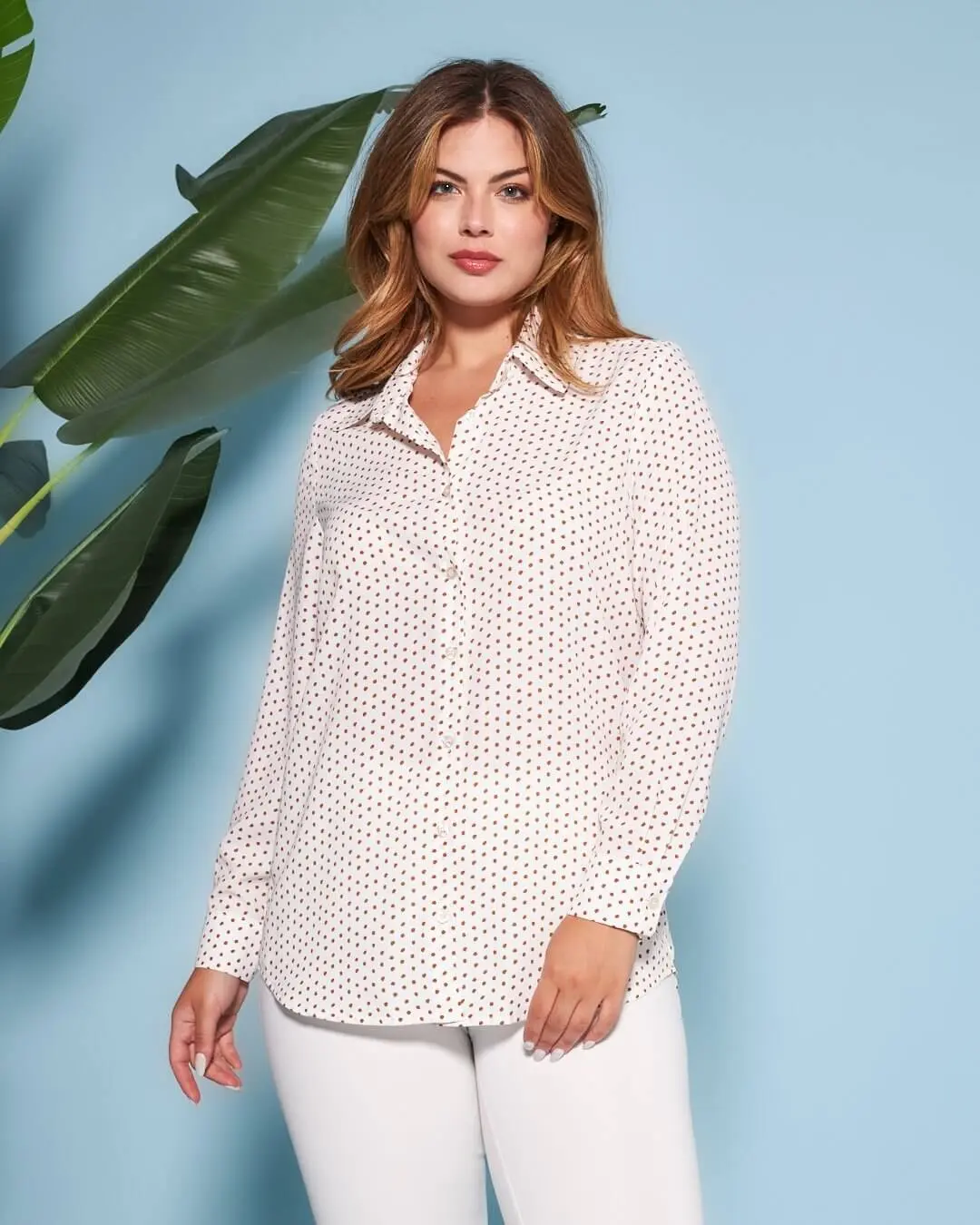Camicia con maniche a tre quarti in raso tinta unita con fantasia a pois a contrasto. BIANCO-MORO - Image 4