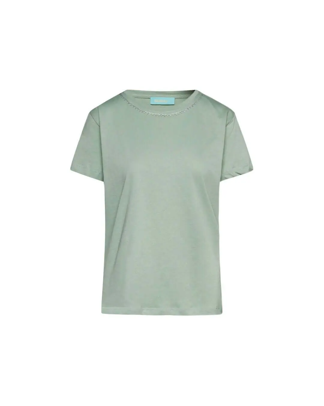Maglia a maniche corte in filato di cotone tinta unita con decorazioni di strass sullo scollo. MENTA - Image 2