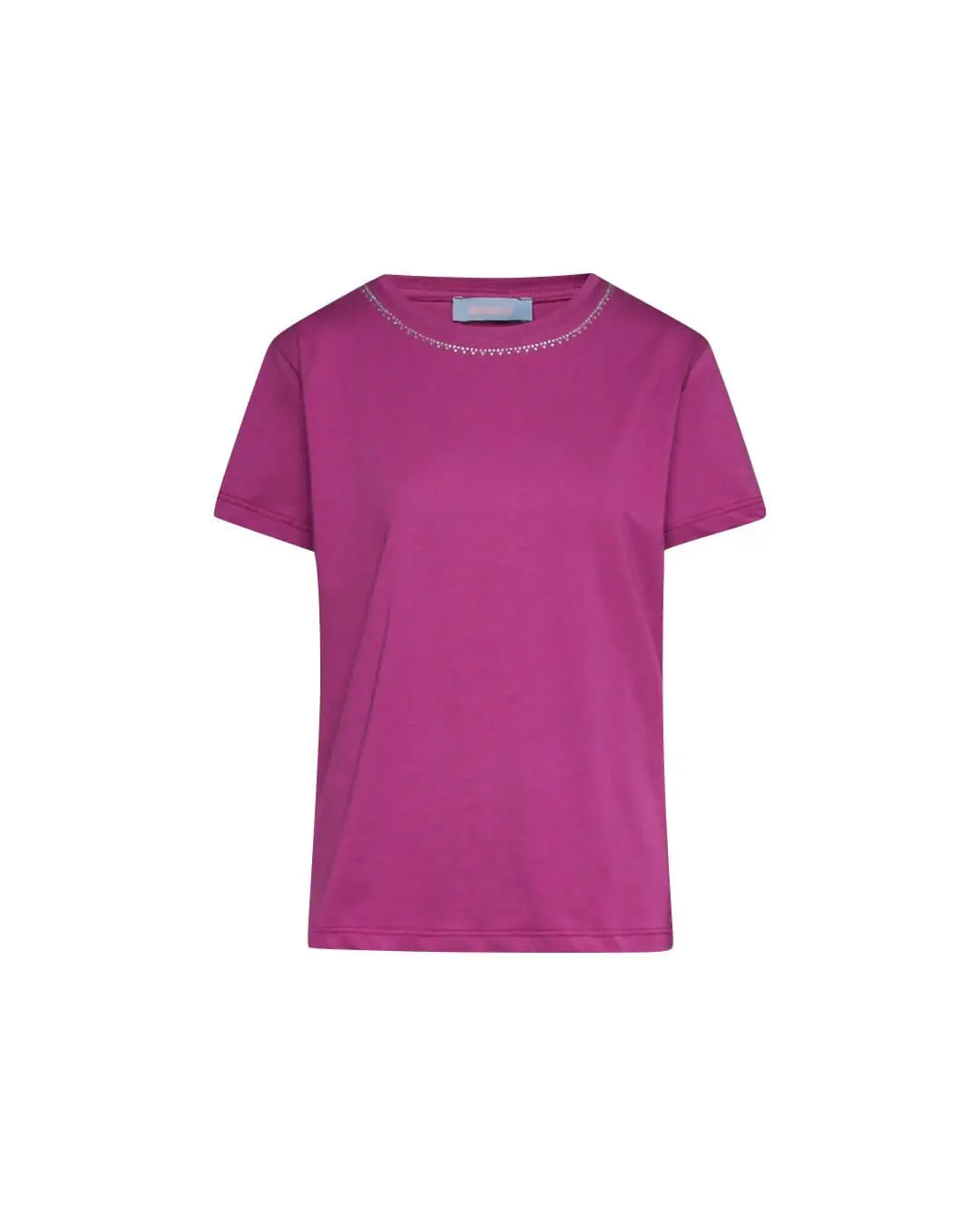 Maglia a maniche corte in filato di cotone tinta unita con decorazioni di strass sullo scollo. ORCHIDEA - Image 2