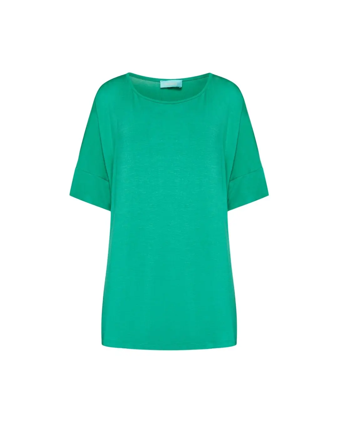 Maglia in filato di viscosa elasticizzata tinta unita con scollo rotondo e maniche kimono. VERDE BANDIERA
