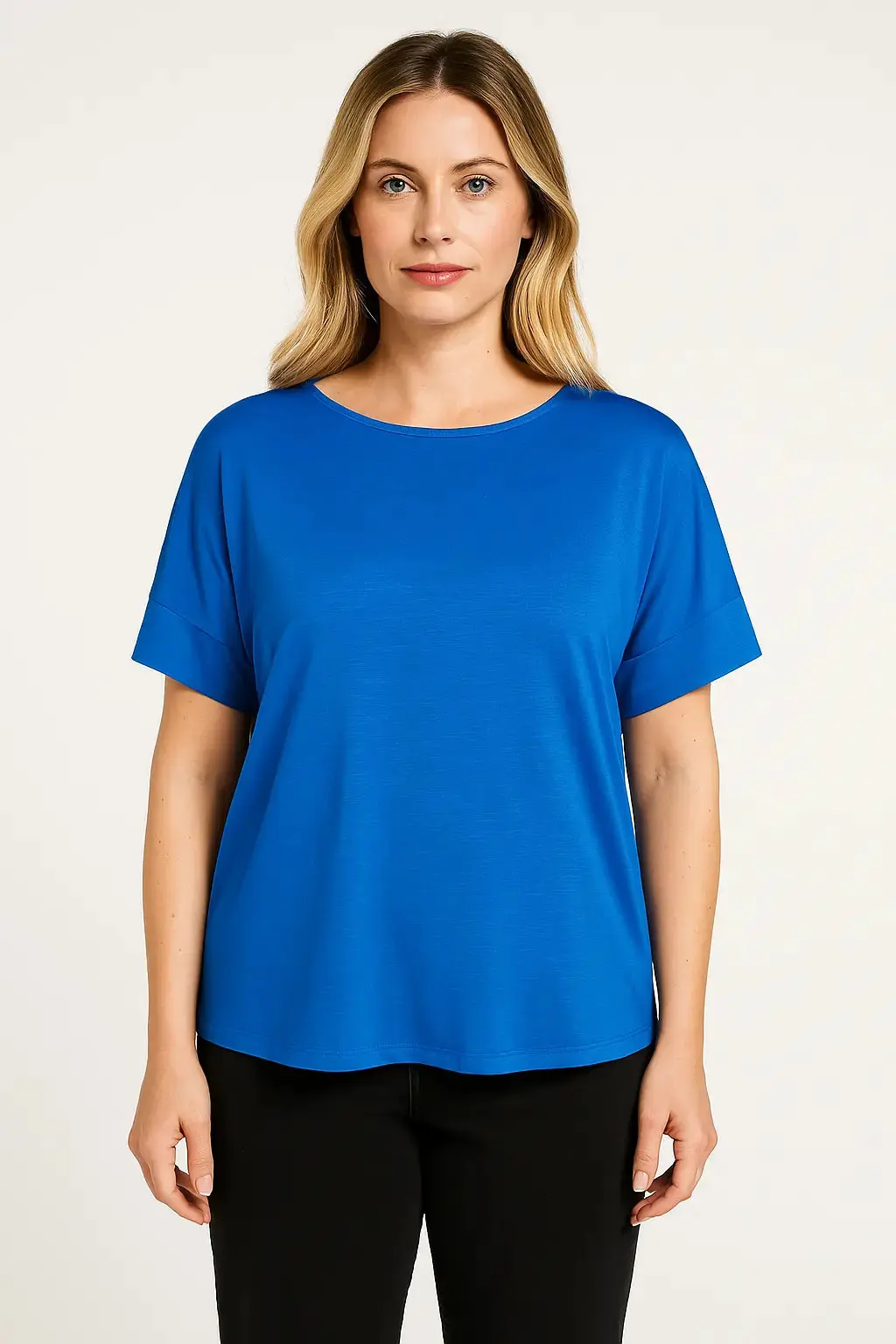 Maglia in filato di viscosa elasticizzata tinta unita con scollo rotondo e maniche kimono. DENIM - Image 2