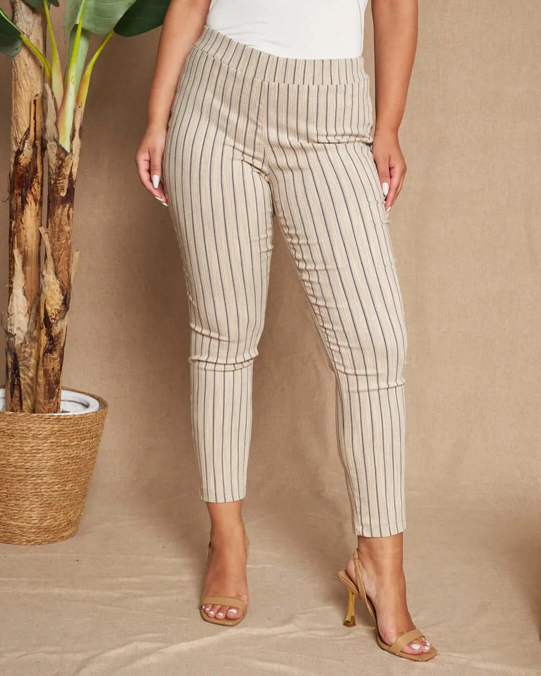Pantalone skinny in misto cotone jacquard con fantasia a righe BEIGE-BLU
