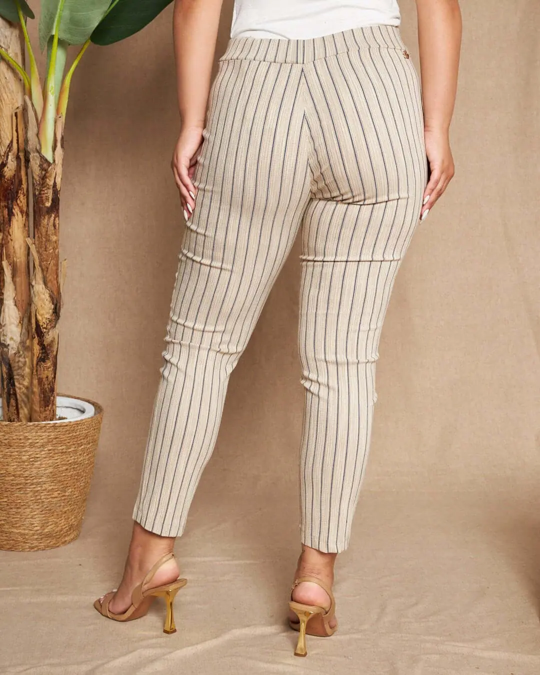Pantalone skinny in misto cotone jacquard con fantasia a righe BEIGE-BLU - Image 3