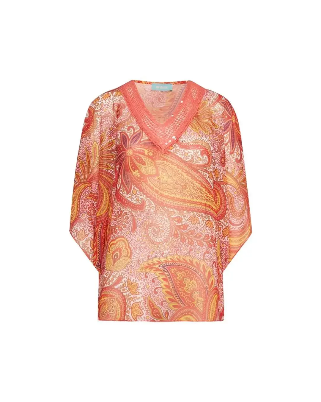 Casacca in georgette con fantasia multicolore e scollo a V in pizzo crochet con paillettes. PAPAVERO