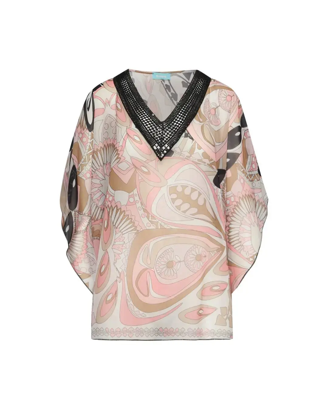 Casacca in georgette con fantasia multicolore e scollo a V in pizzo crochet con paillettes. ROSA