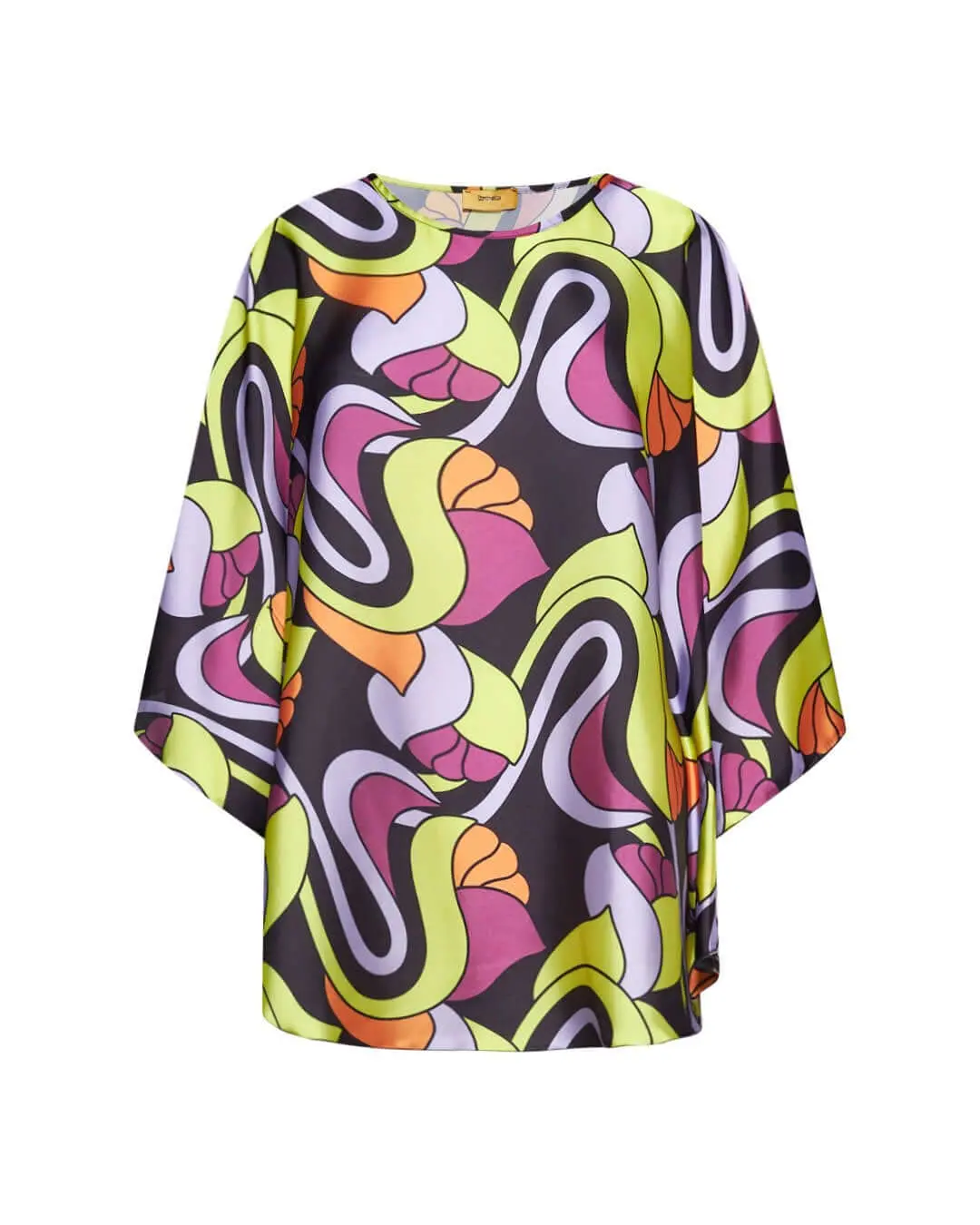 Casacca girocollo in raso con fantasia floreale multicolore e maniche kimono. LILLA