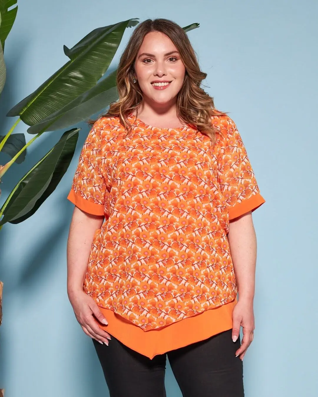 Casacca combinata in georgette con fantasia multicolore e jersey elasticizzato tinta unita. ARANCIO