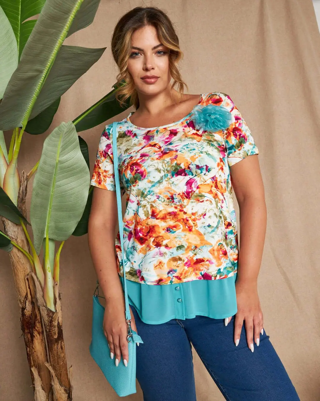 Maglia a maniche corte in filato di viscosa con fantasia floreale con inserto stile camicia in georg VERDE - Image 4