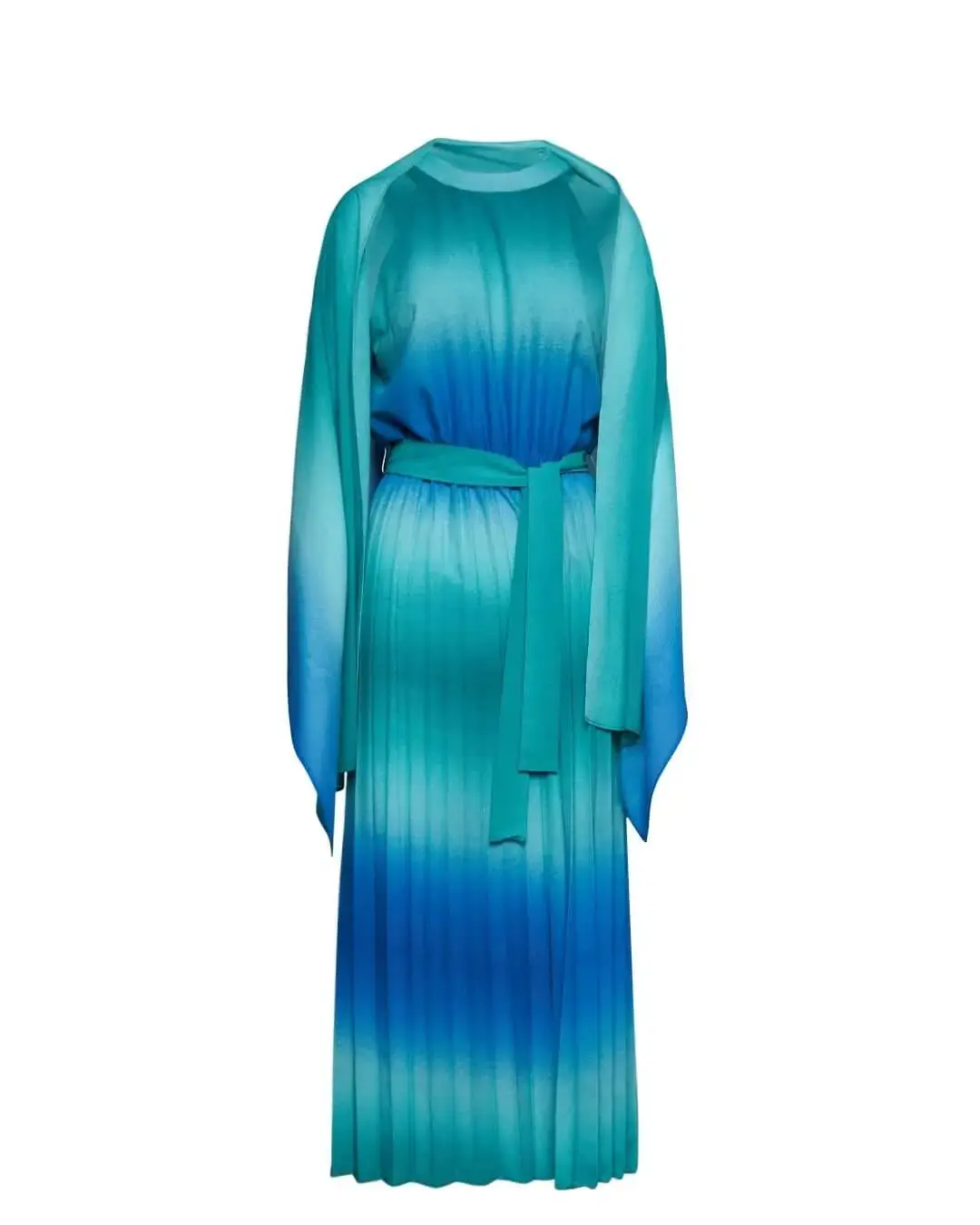 Completo con abito midi in georgette fantasia sfumata con cintura in vita e stola in coordinato. VERDE