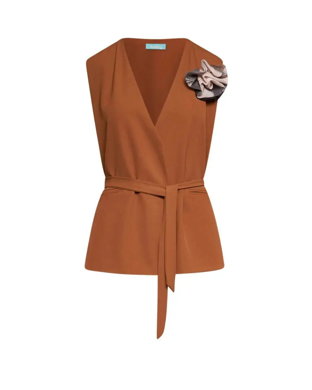 Gilet in crêpe elasticizzato tinta unita con cintura in vita e spilla con fantasia floreale astratt NOCE
