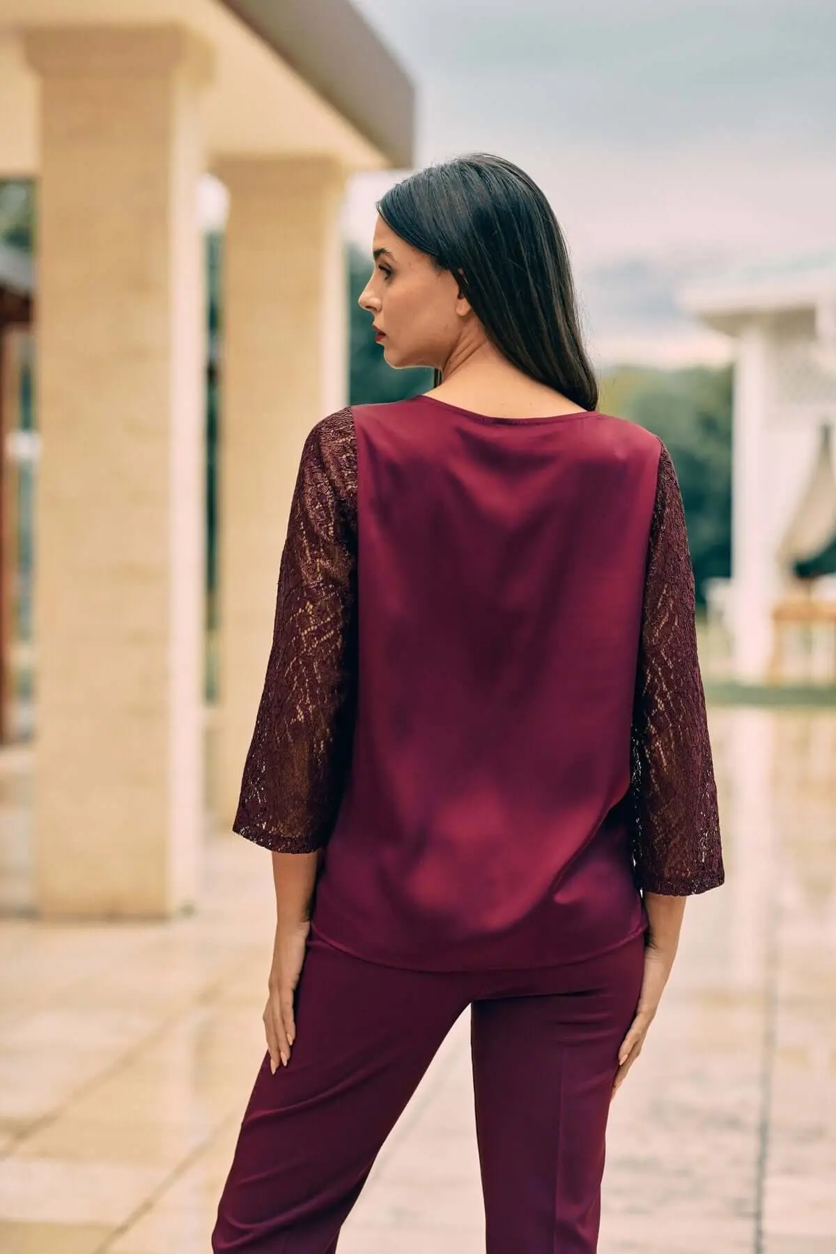 Blusa in pizzo macramè laminato BURGUNDY - Image 3