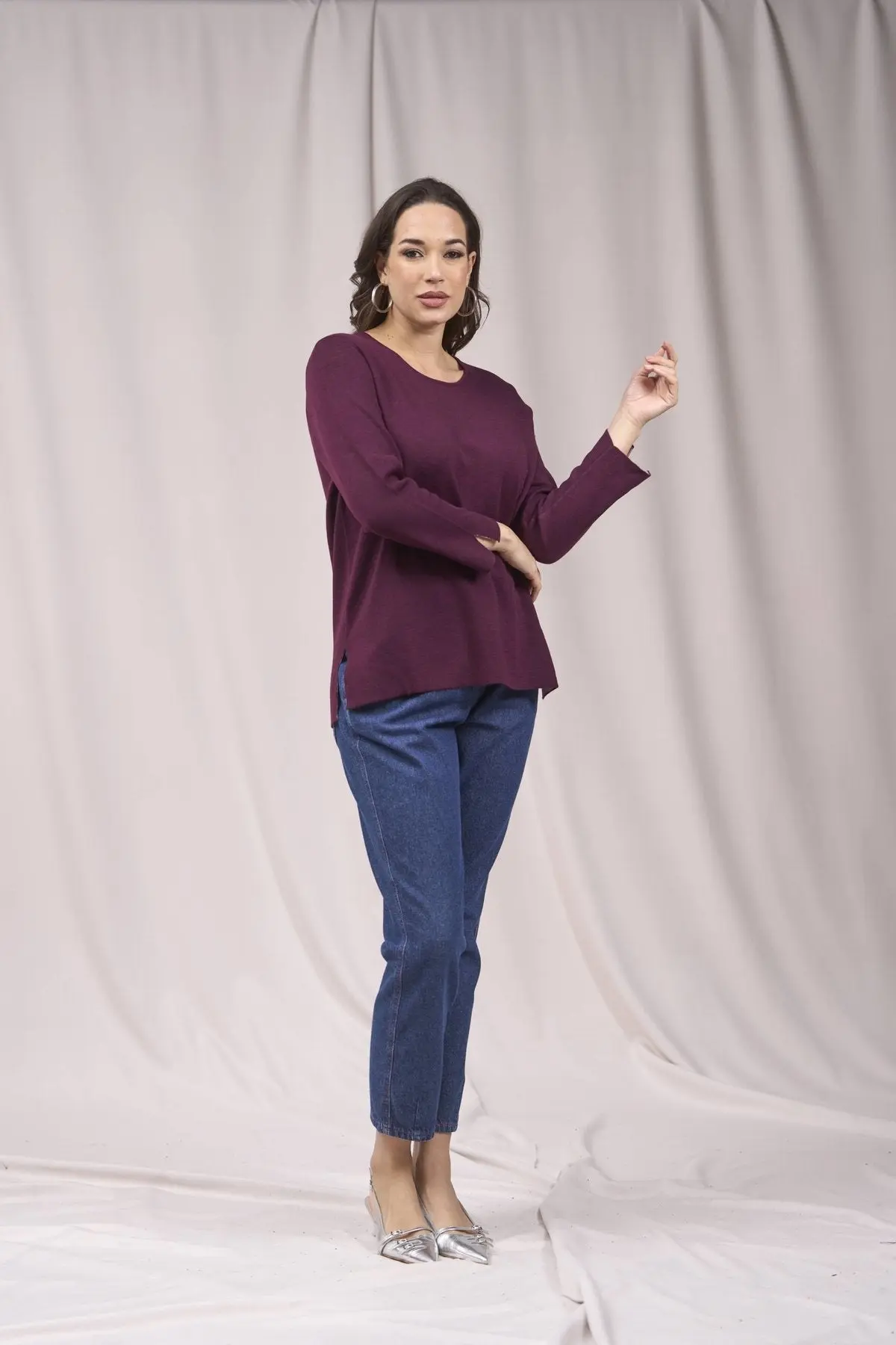 Maglia girocollo bicolor con spacchi VINO - Image 4