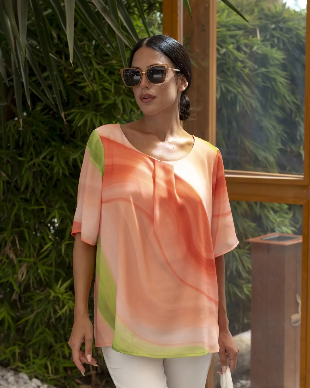 Blusa fantasia geometrica girocollo con arriccio PESCA - Image 2