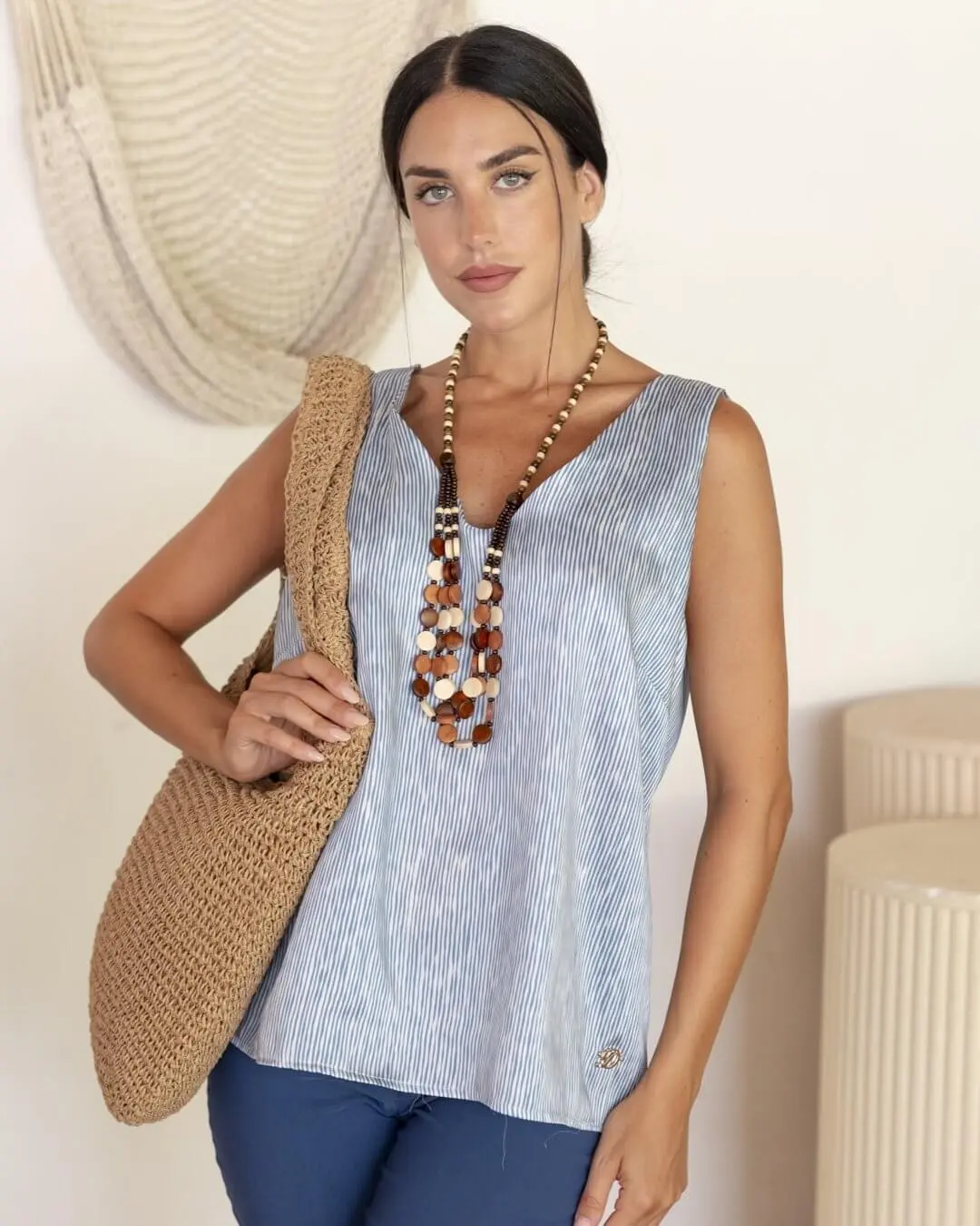 Top smanicato a righe con scollo a V BLU - Image 5