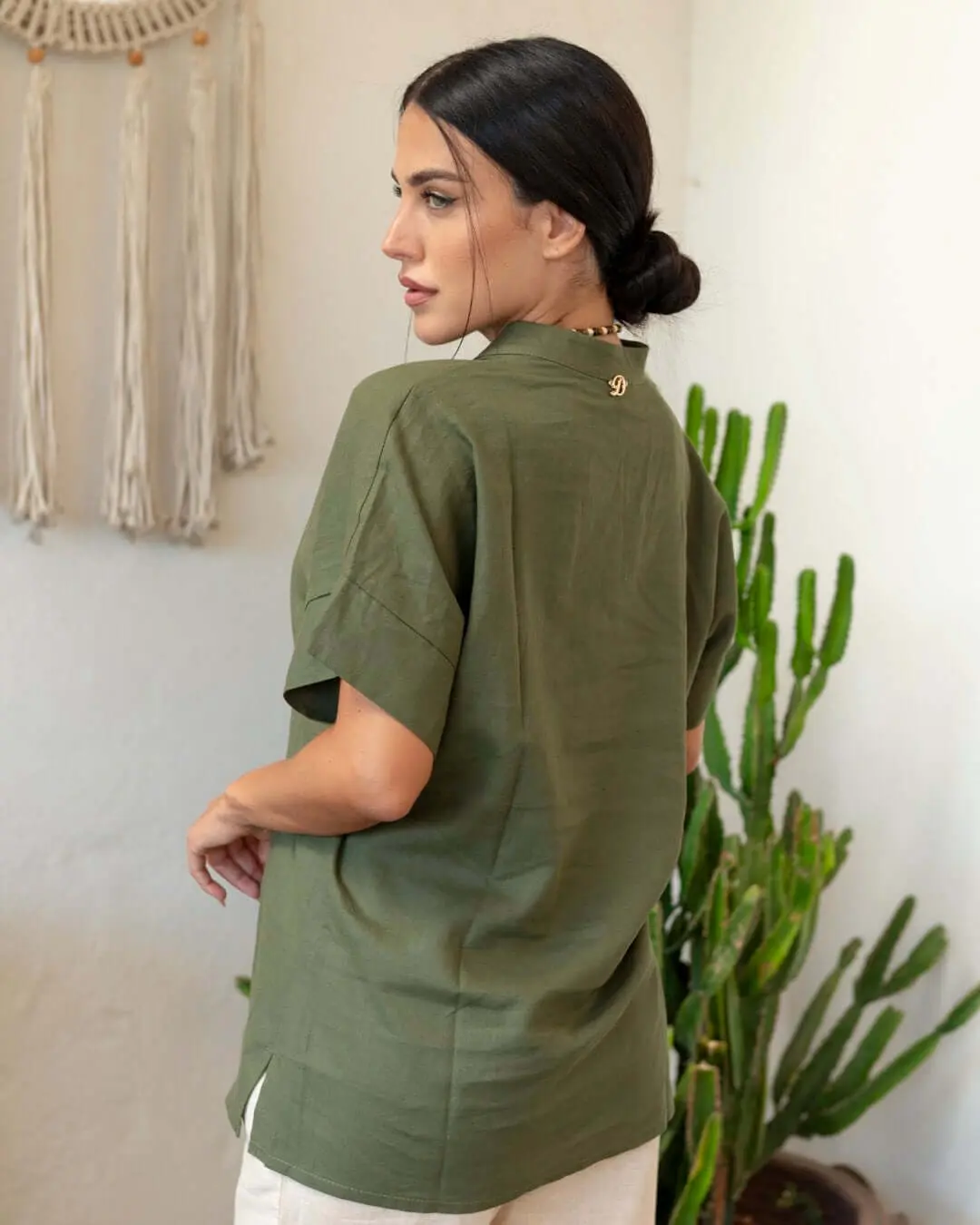 Casacca coreana  manica con  risvolto  in lino MILITARE - Image 2