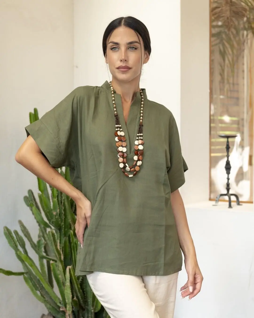 Casacca coreana  manica con  risvolto  in lino MILITARE - Image 3