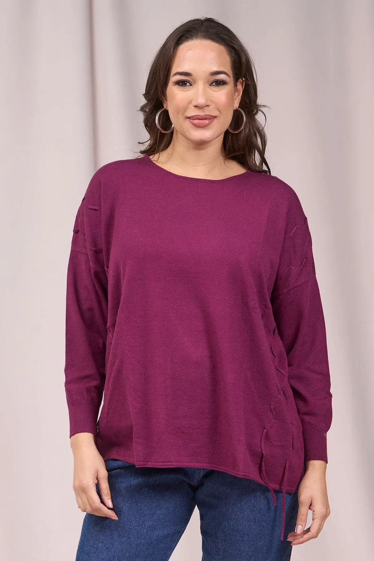 Maglia girocollo con intrecci frontali VINO - Image 2