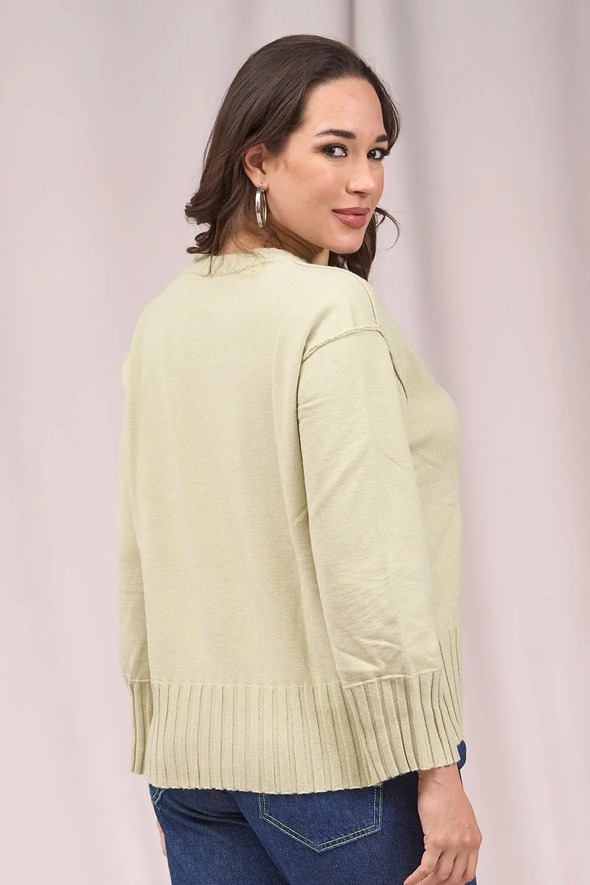 Maglia girocollo con bordi a costine larghe VERDE - Image 4