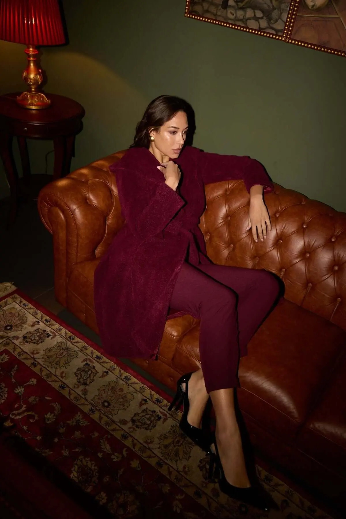 Cappotto a vestaglia con cintura e cappuccio BORDEAUX - Image 3