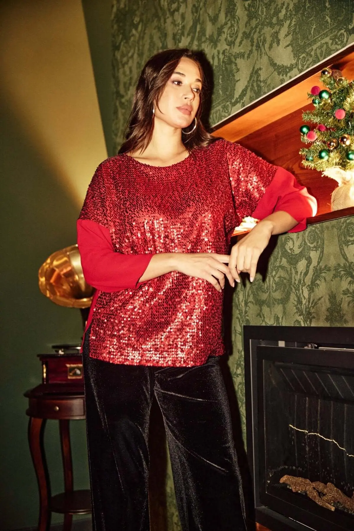 Blusa in georgette e paillettes ROSSO - Image 3