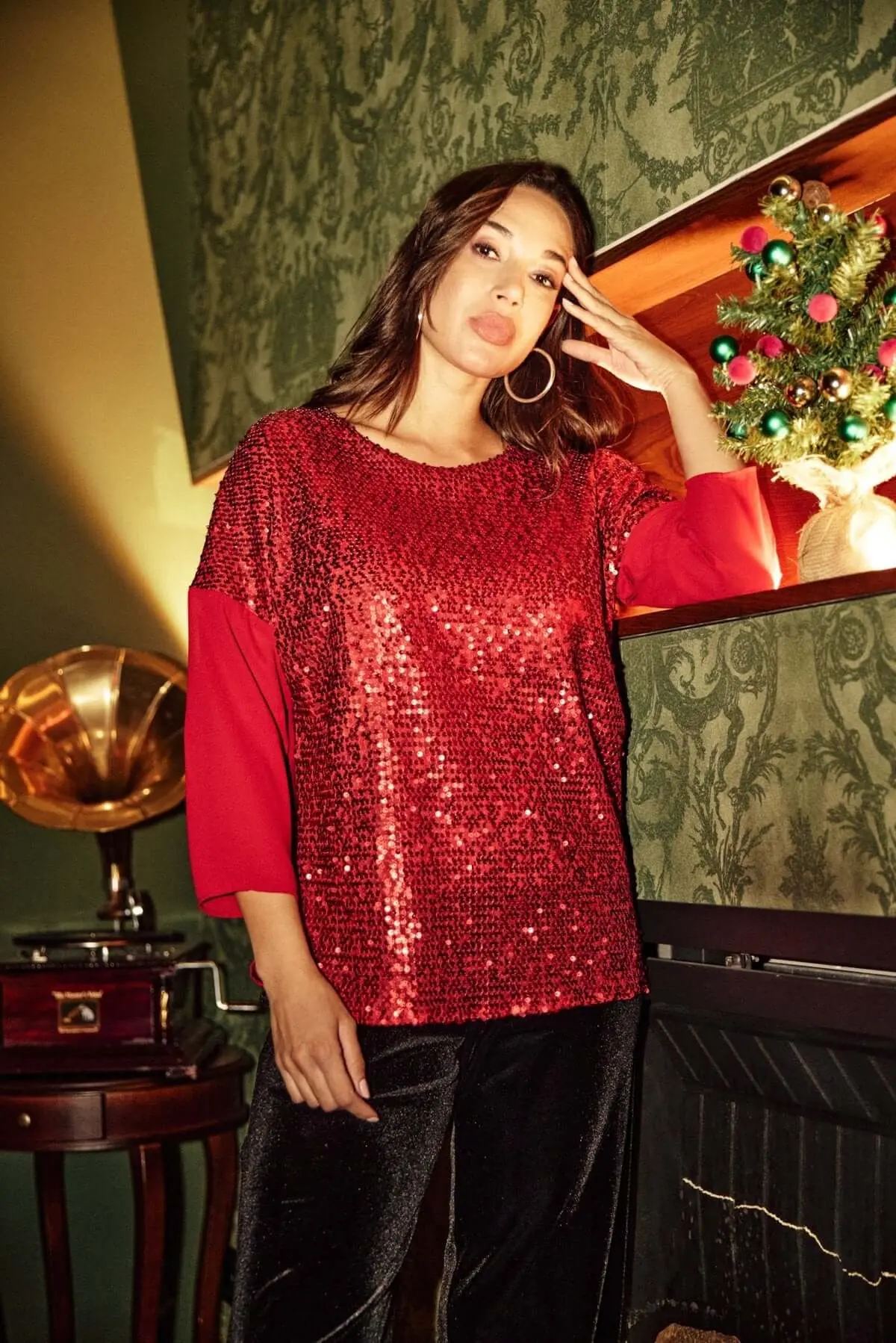 Blusa in georgette e paillettes ROSSO - Image 4