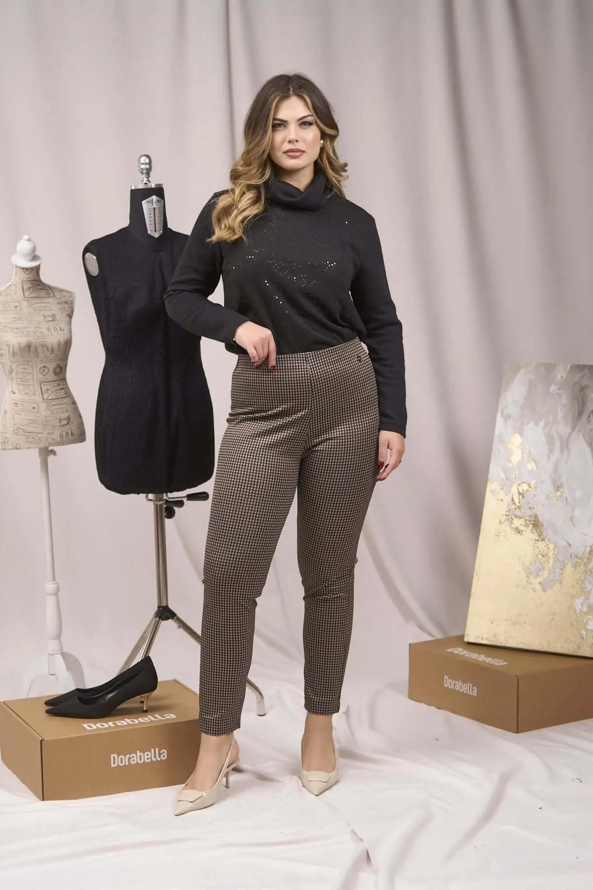 Pantaloni slim fit fantasia con spacchetti CUOIO - Image 2