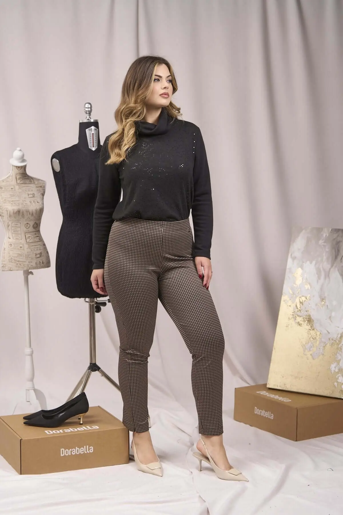 Pantaloni slim fit fantasia con spacchetti CUOIO - Image 3