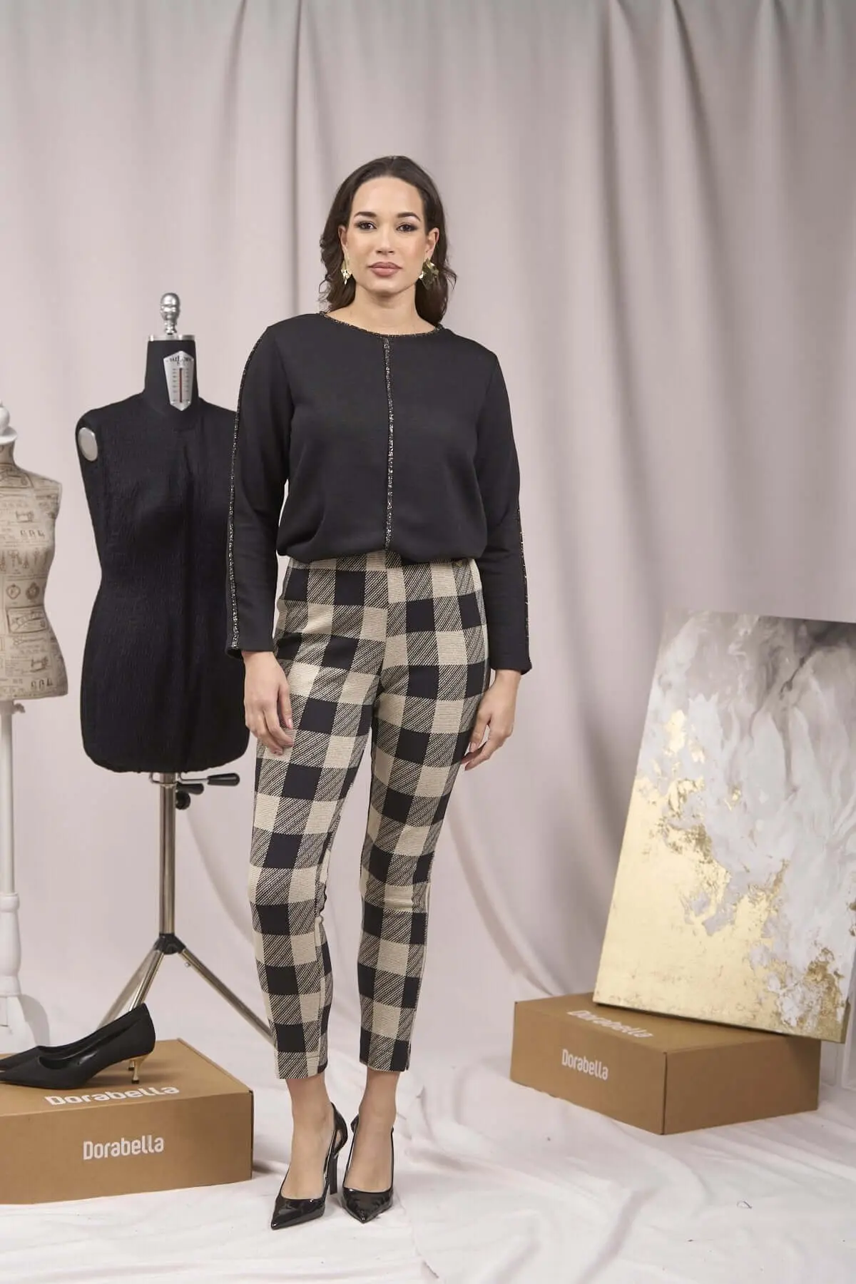 Pantaloni slim fit fantasia con spacchetti BEIGE - Image 2