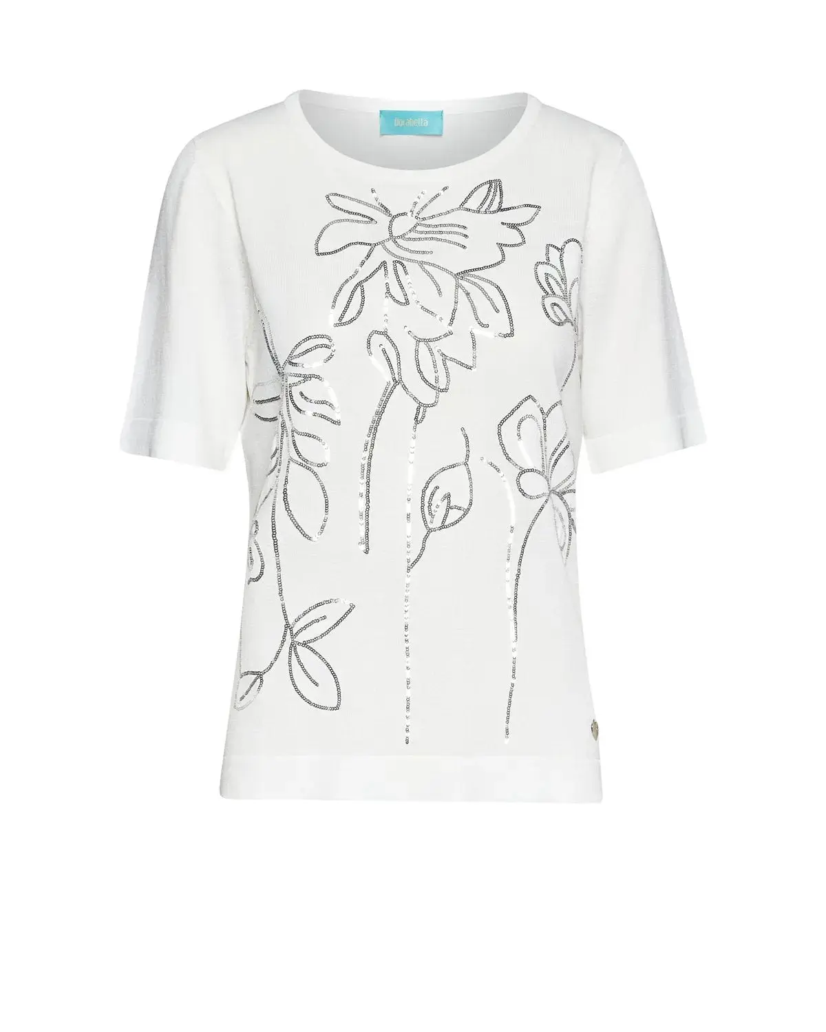 Maglia mezze maniche con ricamo in paillettes BIANCO