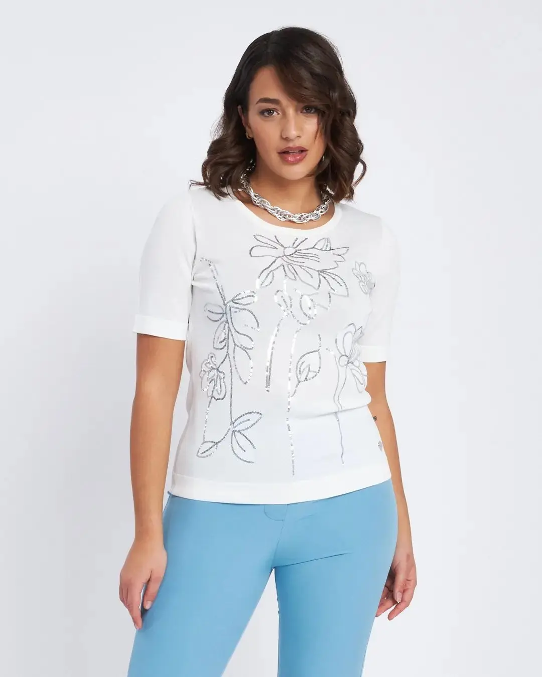 Maglia mezze maniche con ricamo in paillettes BIANCO - Image 2