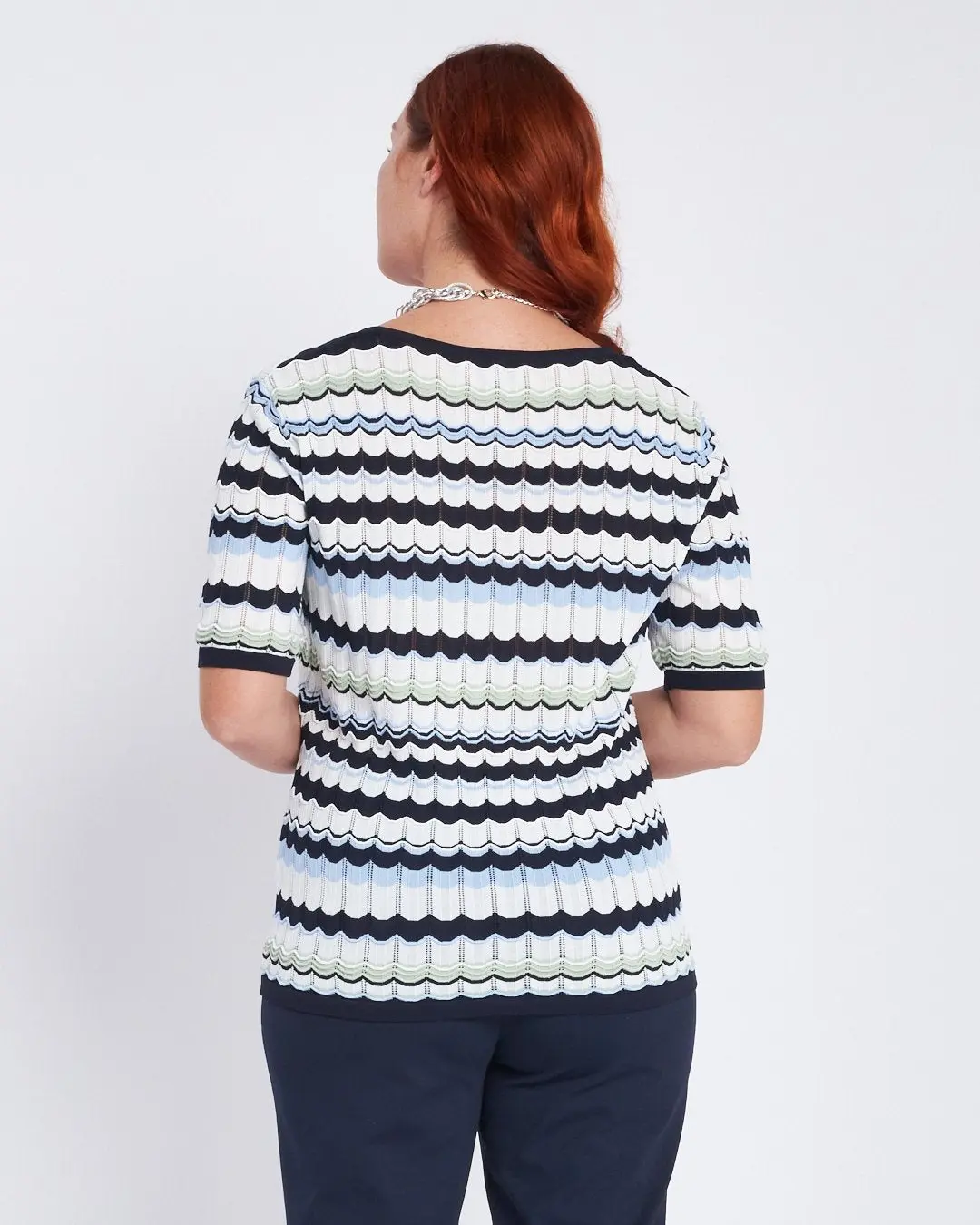 Maglia girocollo a righe ondulate con trafori BLU - Image 4